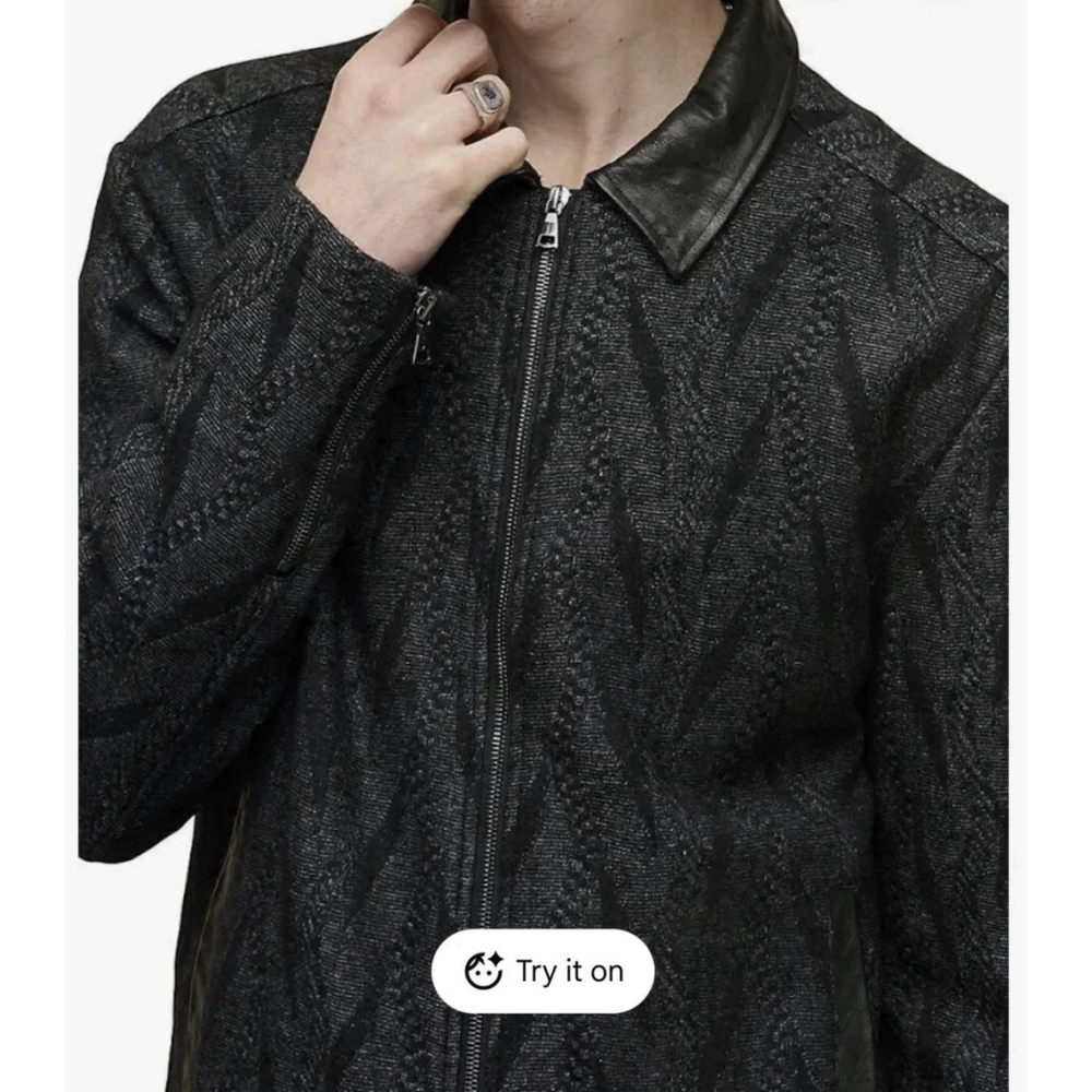 NWT $ 798 John Varvatos Mens Bergen Jacquard Zip-Up Sheep Skin Wool Jacket Black - Picture 3 of 11